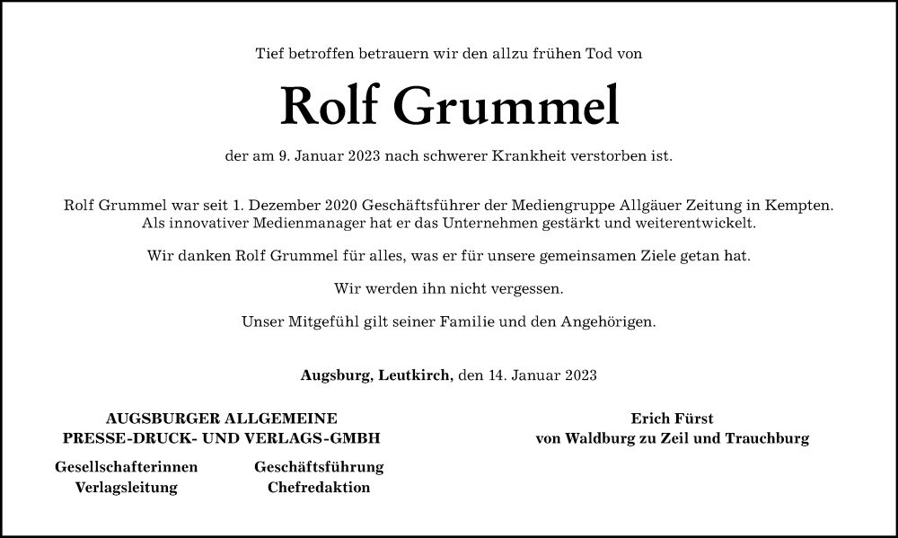  Traueranzeige für Rolf Grummel vom 13.01.2023 aus Augsburger Allgemeine