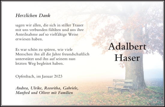 Traueranzeige von Adalbert Haser von Der Westallgäuer