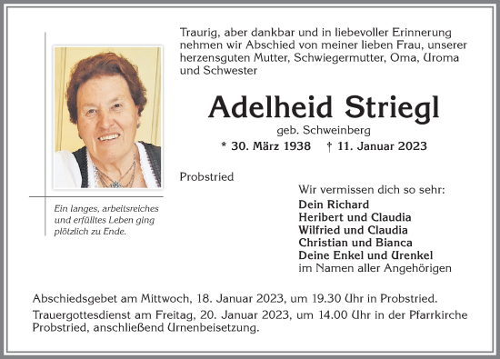 Traueranzeige von Adelheid Striegl von Allgäuer Zeitung,Kempten