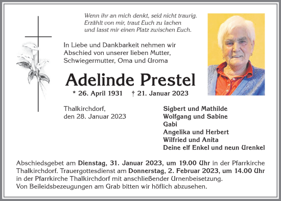Traueranzeige von Adelinde Prestel von Allgäuer Anzeigeblatt