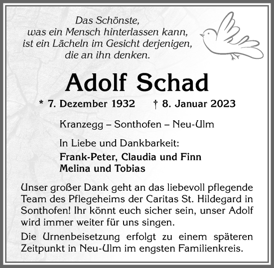Traueranzeige von Adolf Schad von Allgäuer Anzeigeblatt