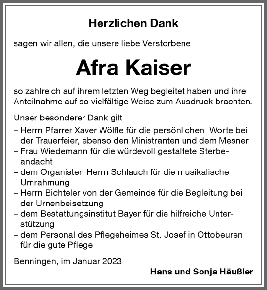 Traueranzeige von Afra Kaiser von Memminger Zeitung