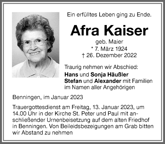 Traueranzeige von Afra Kaiser von Memminger Zeitung