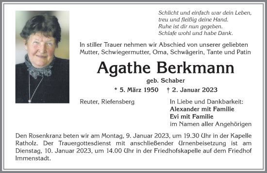 Traueranzeige von Agathe Berkmann von Allgäuer Anzeigeblatt