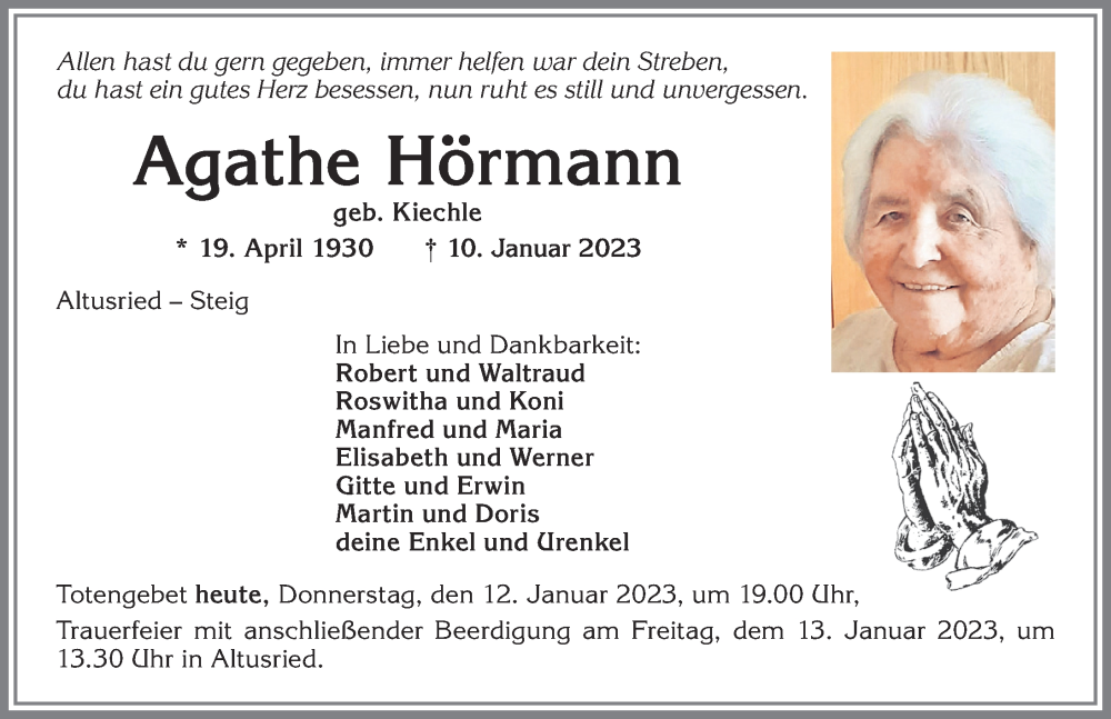  Traueranzeige für Agathe Hörmann vom 12.01.2023 aus Allgäuer Zeitung,Kempten