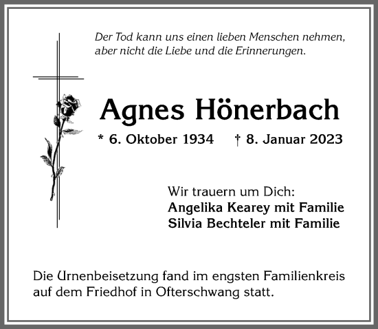 Traueranzeige von Agnes Hönerbach von Allgäuer Anzeigeblatt