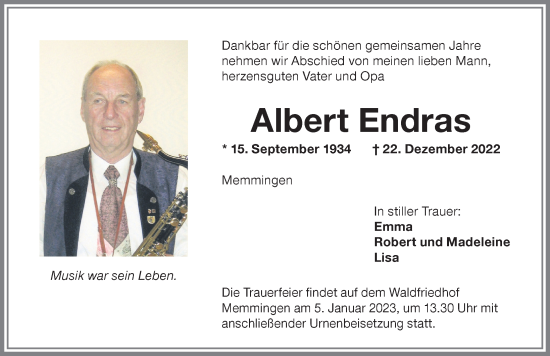 Traueranzeige von Albert Endras von Memminger Zeitung