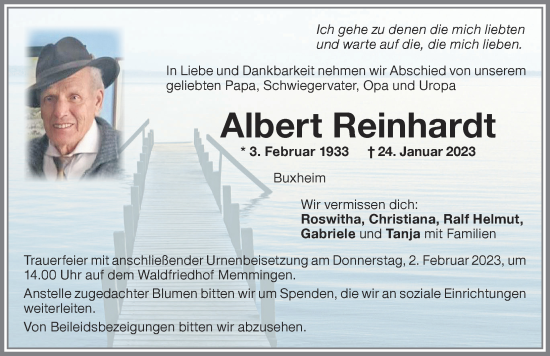Traueranzeige von Albert Reinhardt von Memminger Zeitung