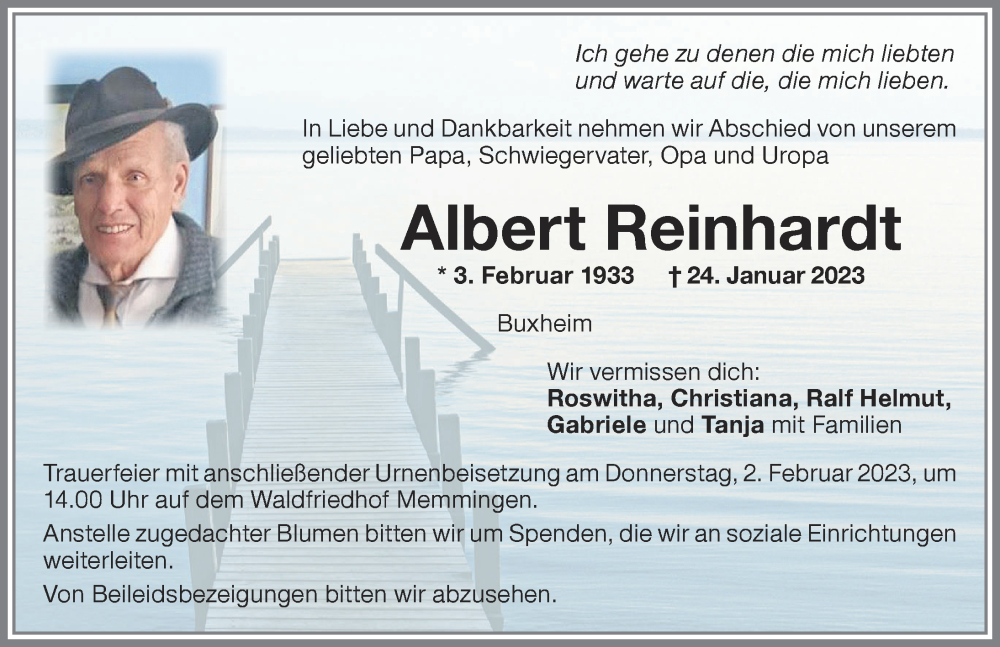 Traueranzeige für Albert Reinhardt vom 28.01.2023 aus Memminger Zeitung