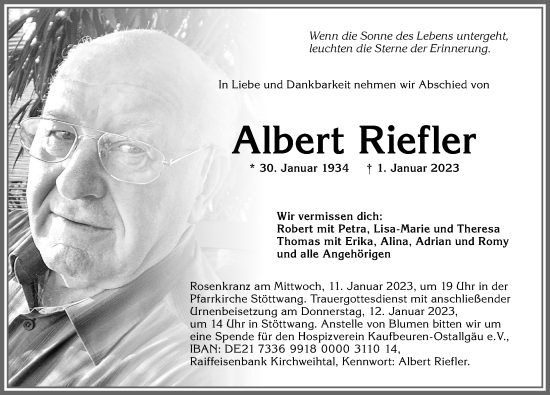 Traueranzeige von Albert Riefler von Allgäuer Zeitung, Kaufbeuren/Buchloe