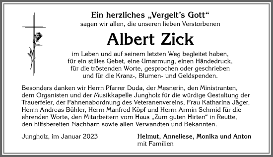 Traueranzeige von Albert Zick von Allgäuer Anzeigeblatt