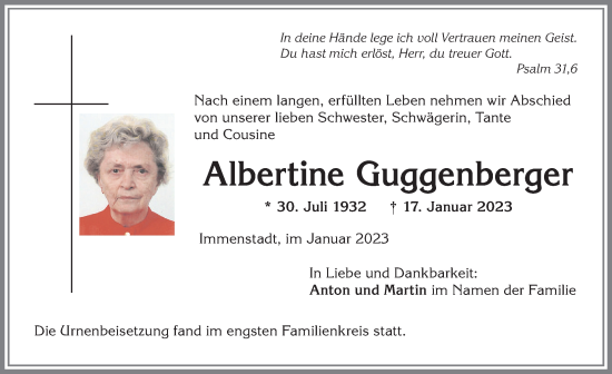 Traueranzeige von Albertine Guggenberger von Allgäuer Anzeigeblatt