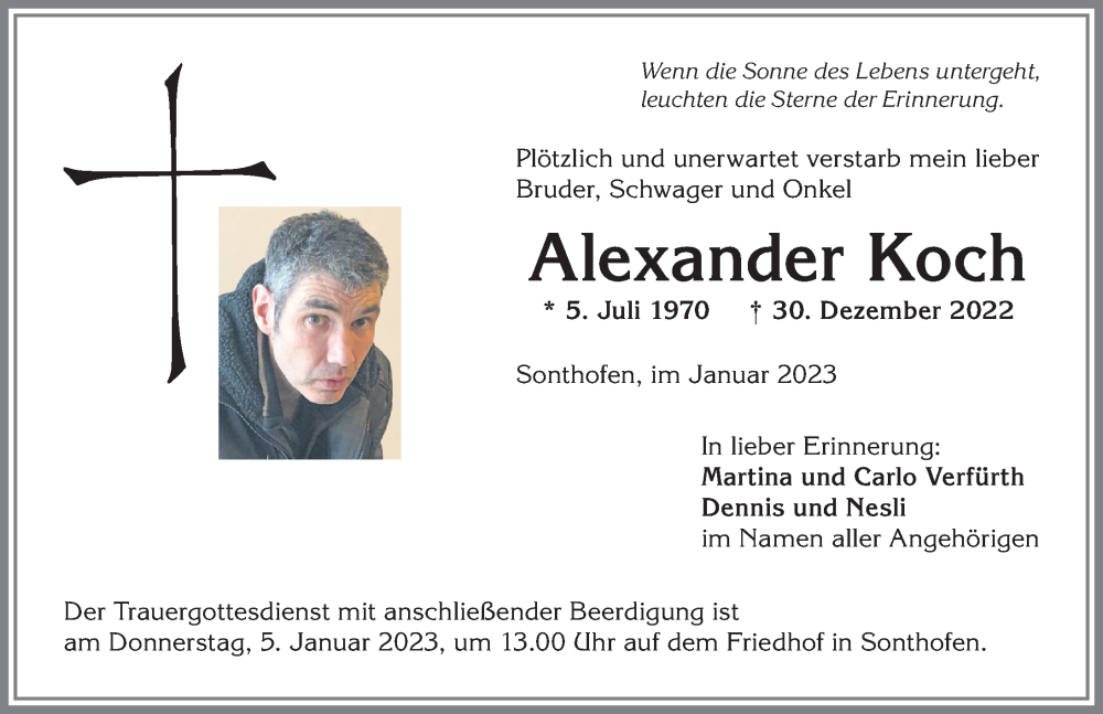  Traueranzeige für Alexander Koch vom 04.01.2023 aus Allgäuer Anzeigeblatt