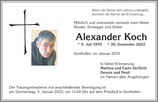 Traueranzeige von Alexander Koch von Allgäuer Anzeigeblatt