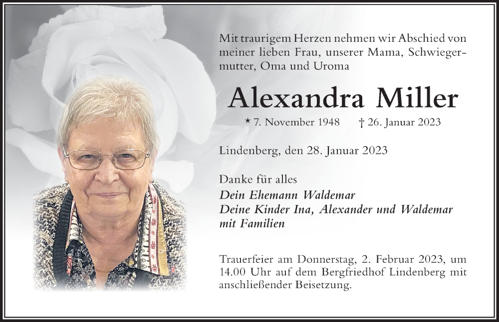  Traueranzeige für Alexandra Miller vom 28.01.2023 aus Der Westallgäuer