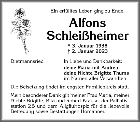 Traueranzeige von Alfons Schleißheimer von Allgäuer Zeitung,Kempten