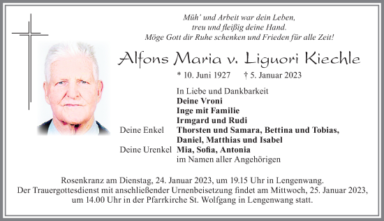 Traueranzeige von Alfons Maria v. Liguori Kiechle von Allgäuer Zeitung, Marktoberdorf