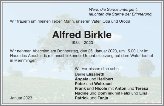Traueranzeige von Alfred Birkle von Memminger Zeitung