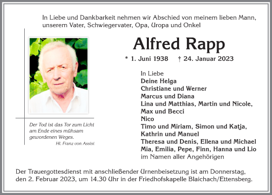 Traueranzeige von Alfred Rapp von Allgäuer Anzeigeblatt