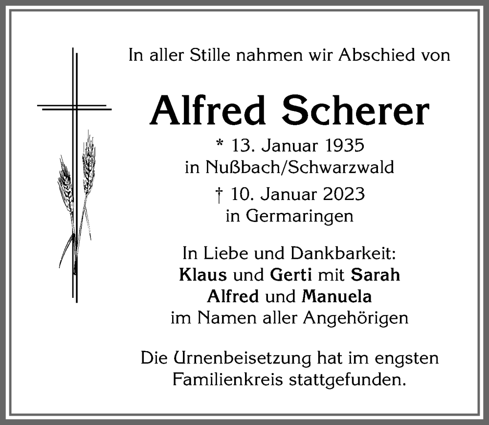  Traueranzeige für Alfred Scherer vom 28.01.2023 aus Allgäuer Zeitung, Kaufbeuren/Buchloe