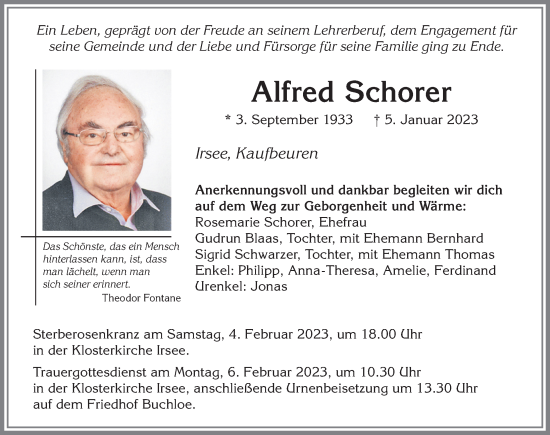 Traueranzeige von Alfred Schorer von Allgäuer Zeitung, Kaufbeuren/Buchloe