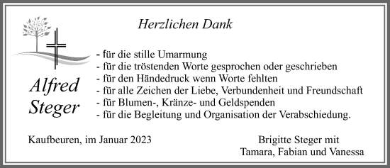 Traueranzeige von Alfred Steger von Allgäuer Zeitung, Marktoberdorf