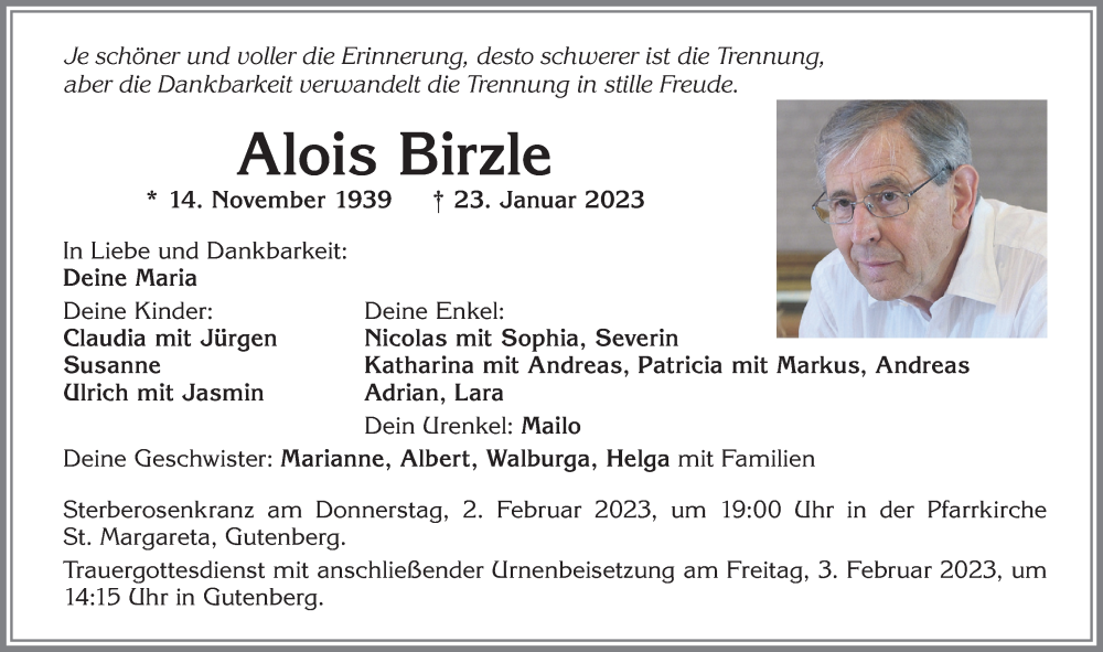  Traueranzeige für Alois Birzle vom 28.01.2023 aus Allgäuer Zeitung, Kaufbeuren/Buchloe