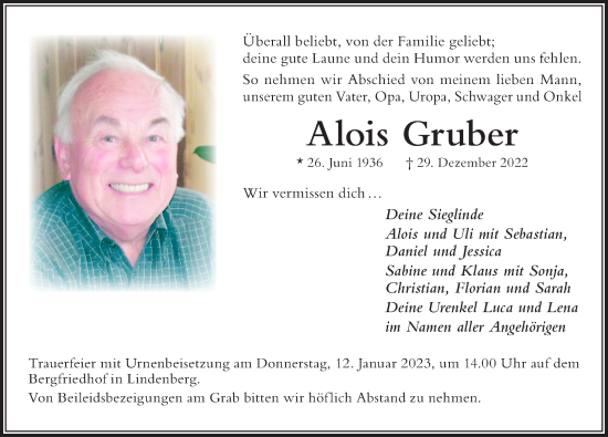Traueranzeige von Alois Gruber von Der Westallgäuer