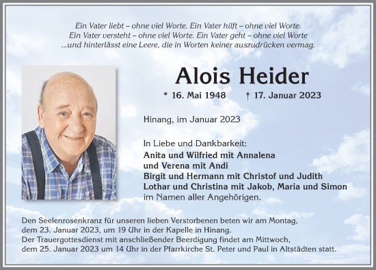 Traueranzeige von Alois Heider von Allgäuer Anzeigeblatt