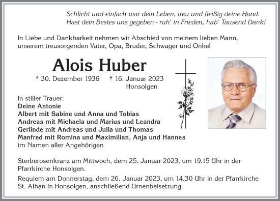 Traueranzeige von Alois Huber von Allgäuer Zeitung, Kaufbeuren/Buchloe