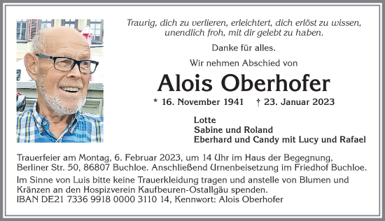 Traueranzeige von Alois Oberhofer von Allgäuer Zeitung, Kaufbeuren/Buchloe