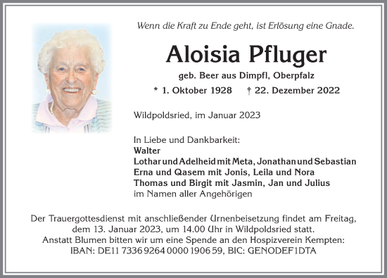 Traueranzeige von Aloisia Pfluger von Allgäuer Anzeigeblatt