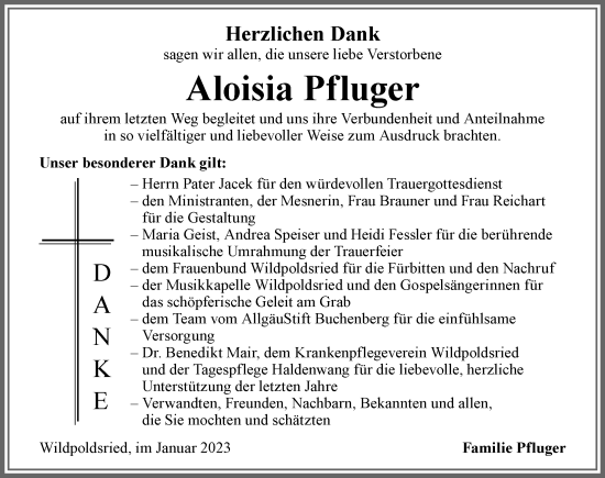 Traueranzeige von Aloisia Pfluger von Allgäuer Zeitung,Kempten