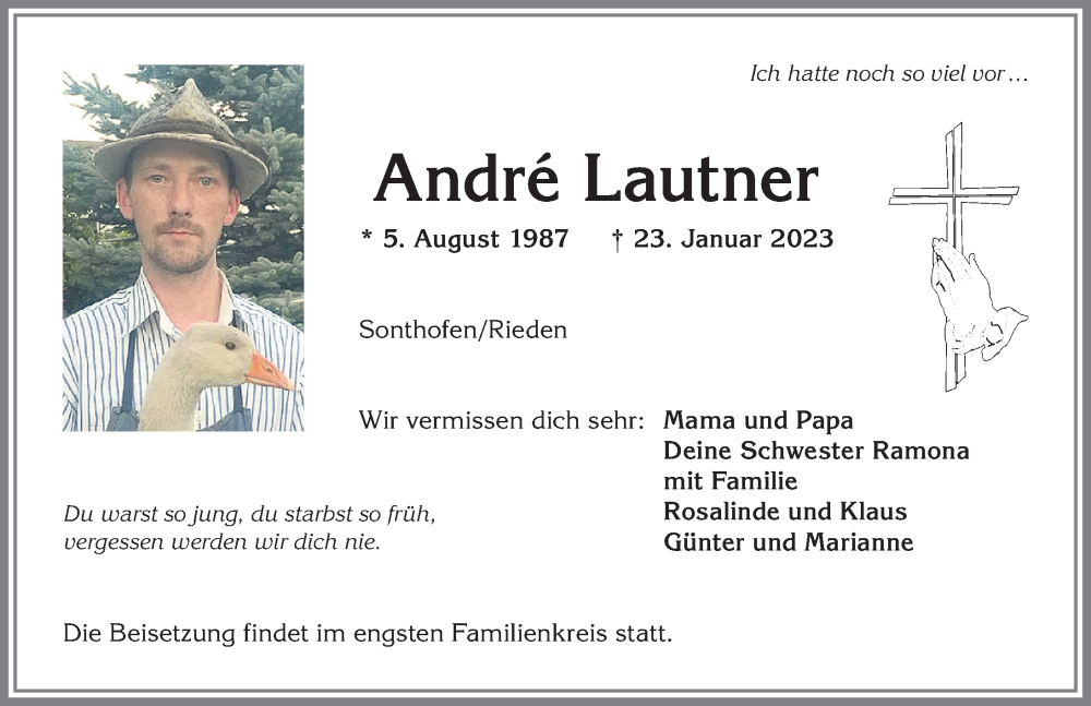  Traueranzeige für André Lautner vom 28.01.2023 aus Allgäuer Anzeigeblatt