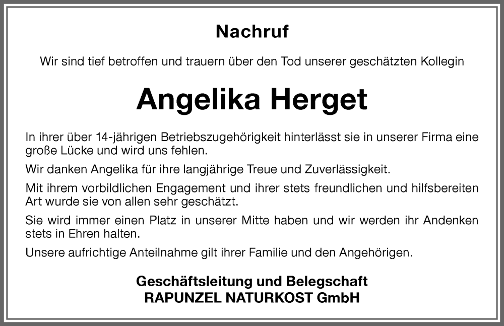  Traueranzeige für Angelika Herget vom 21.01.2023 aus Allgäuer Zeitung,Kempten