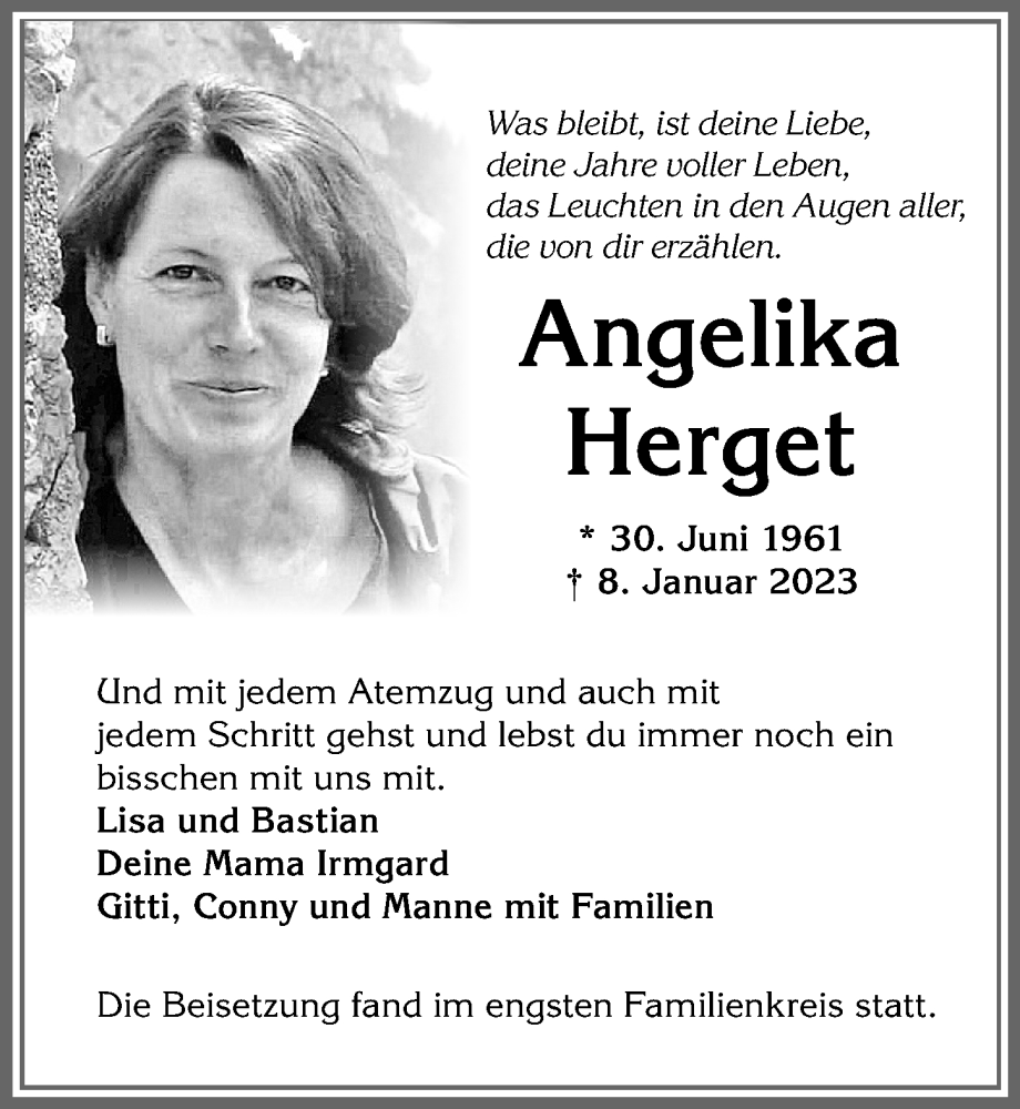  Traueranzeige für Angelika Herget vom 21.01.2023 aus Allgäuer Zeitung,Kempten