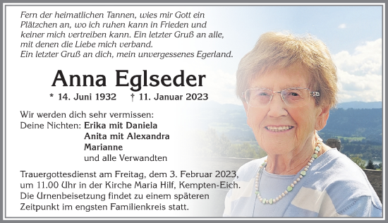 Traueranzeige von Anna Eglseder von Allgäuer Zeitung,Kempten