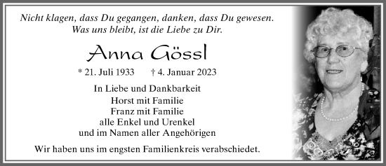 Traueranzeige von Anna Gössl von Allgäuer Zeitung, Füssen