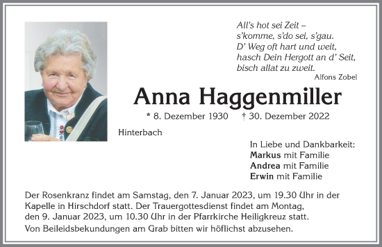 Traueranzeige von Anna Haggenmiller von Allgäuer Zeitung,Kempten