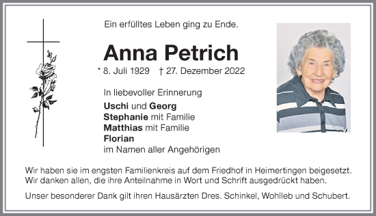 Traueranzeige von Anna Petrich von Memminger Zeitung