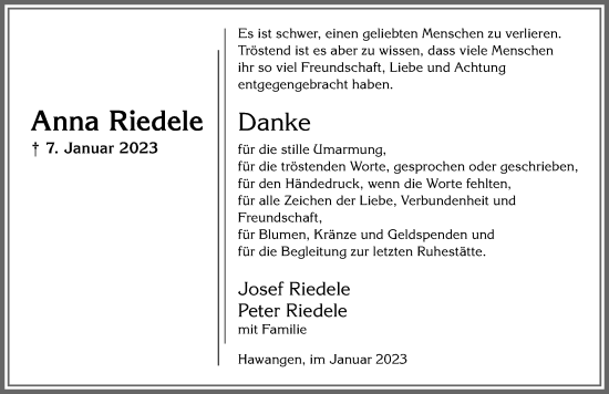 Traueranzeige von Anna Riedele von Memminger Zeitung