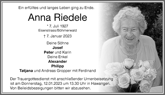 Traueranzeige von Anna Riedele von Memminger Zeitung