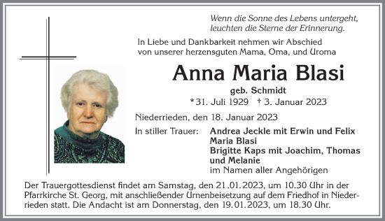 Traueranzeige von Anna Maria Blasi von Memminger Zeitung