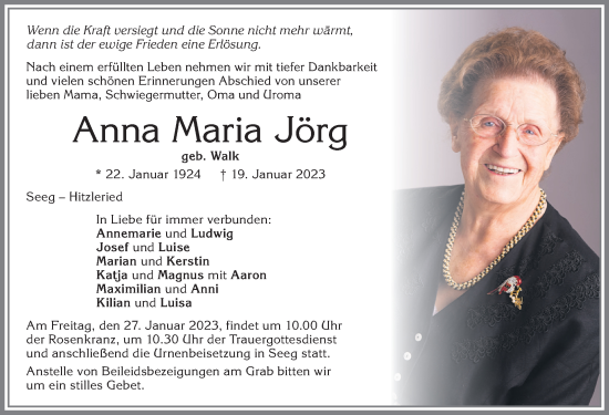 Traueranzeige von Anna Maria Jörg von Allgäuer Zeitung, Marktoberdorf