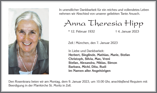 Traueranzeige von Anna Theresia Hipp von Allgäuer Zeitung, Füssen
