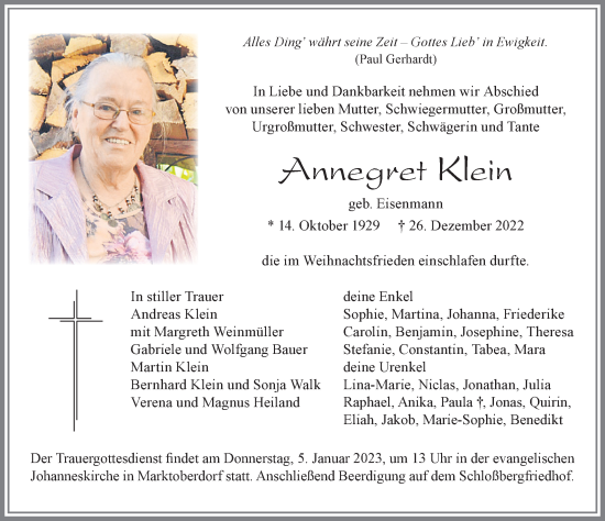 Traueranzeige von Annegret Klein von Allgäuer Zeitung, Marktoberdorf