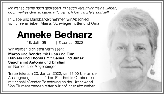 Traueranzeige von Anneke Bednarz von Memminger Zeitung