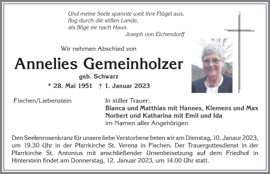 Traueranzeige von Annelies Gemeinholzer von Allgäuer Anzeigeblatt