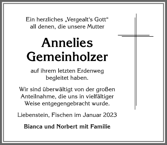 Traueranzeige von Annelies Gemeinholzer von Allgäuer Anzeigeblatt