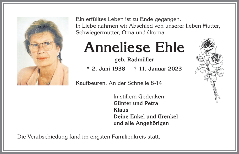  Traueranzeige für Anneliese Ehle vom 28.01.2023 aus Allgäuer Zeitung, Kaufbeuren/Buchloe